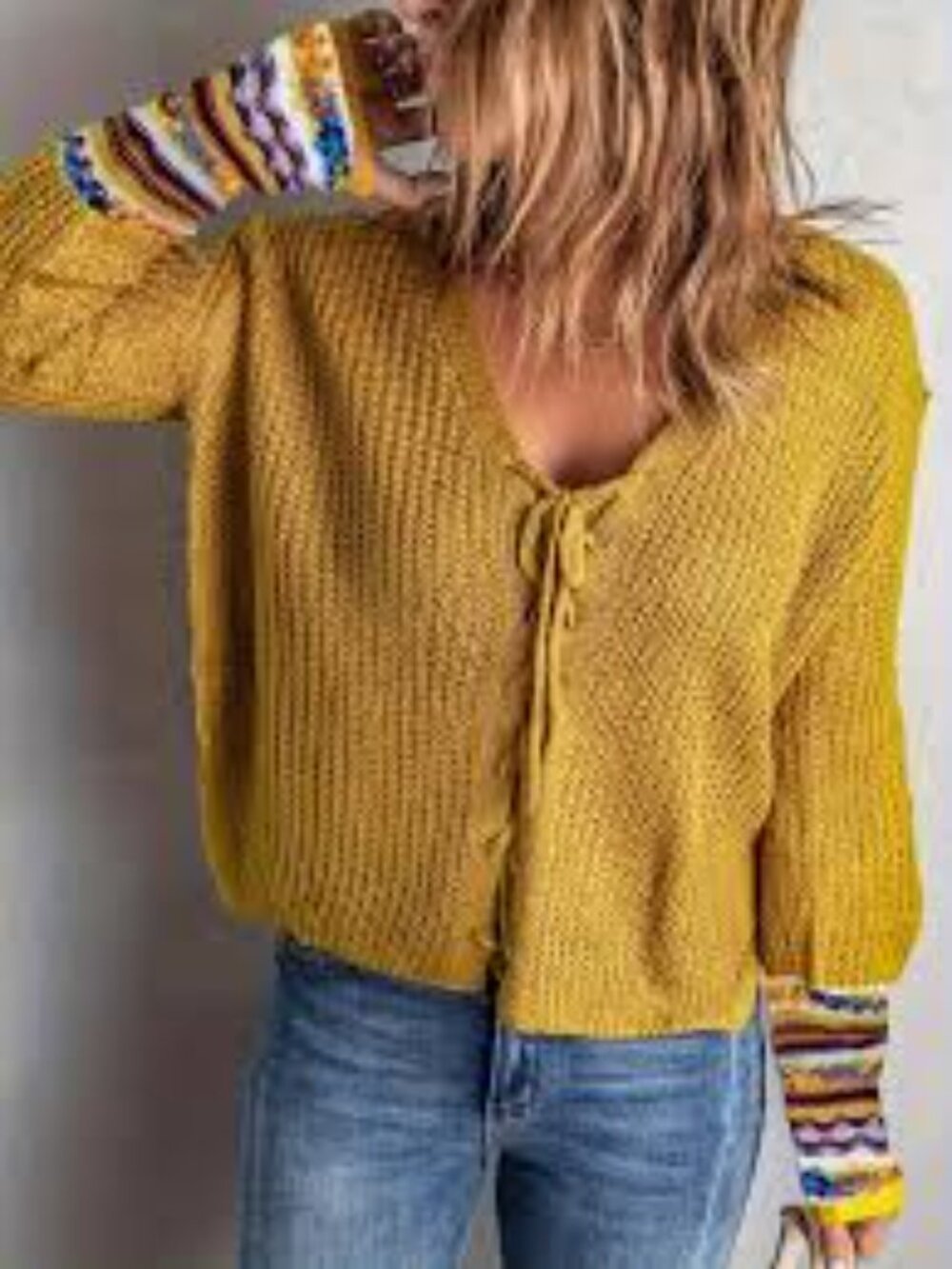 ☆ EN CRĚME Yellow Loose-Knit Tie-Front Sweater